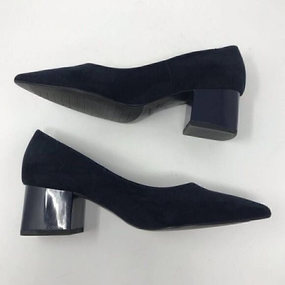 Zara TRF Navy Faux Suede Chunky Heels Size 35 - Picture 4 of 7